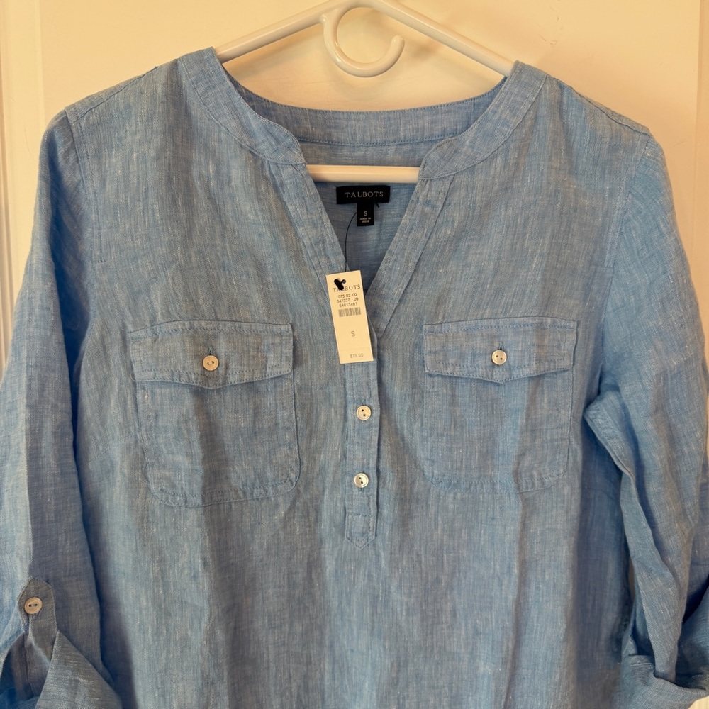 Talbots NWT Small Vneck Partial Button-Down Blue Linen Shirt